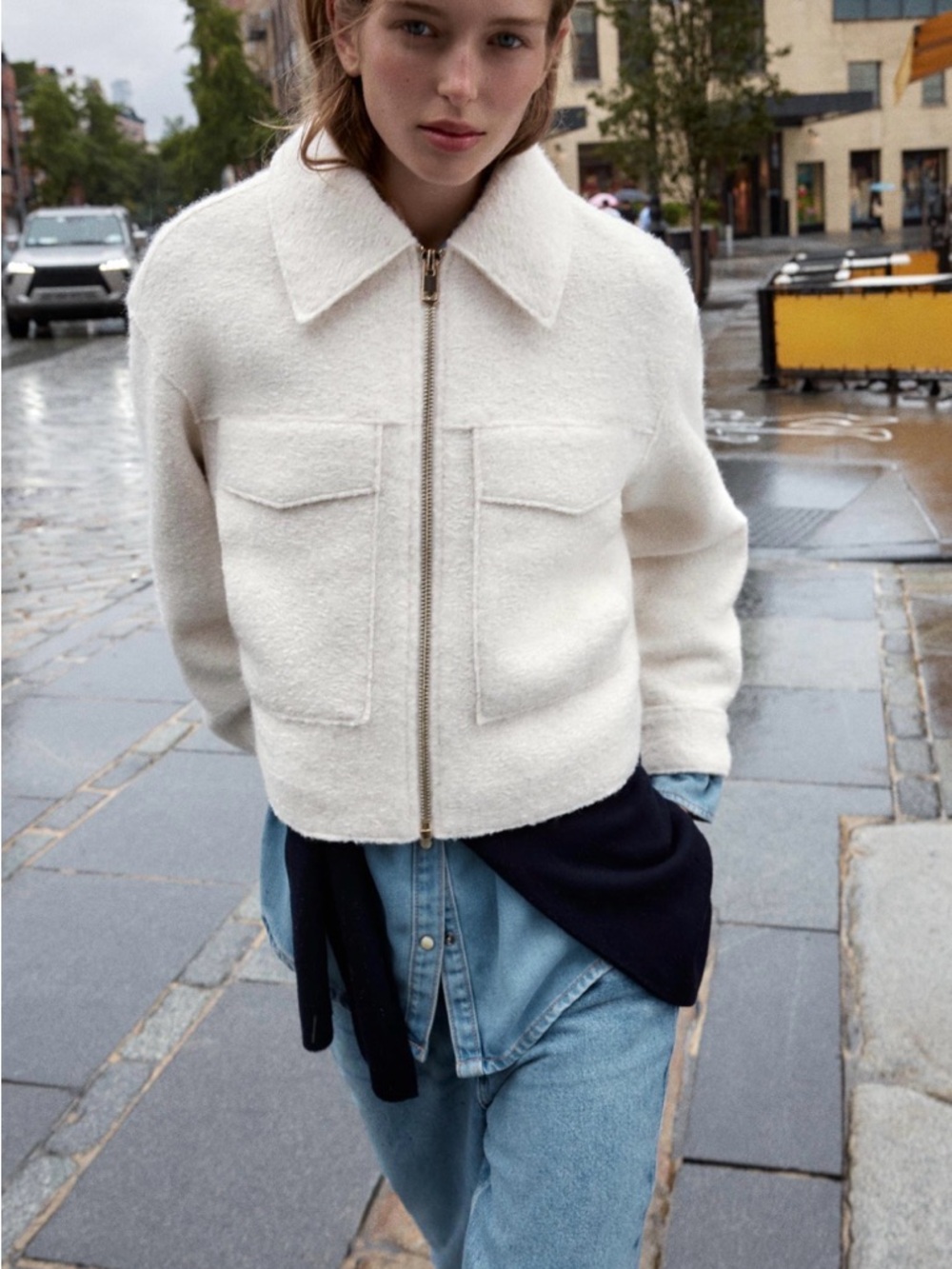 Zara Cropped Cream Teddy Jacket with Front Pockets size Small